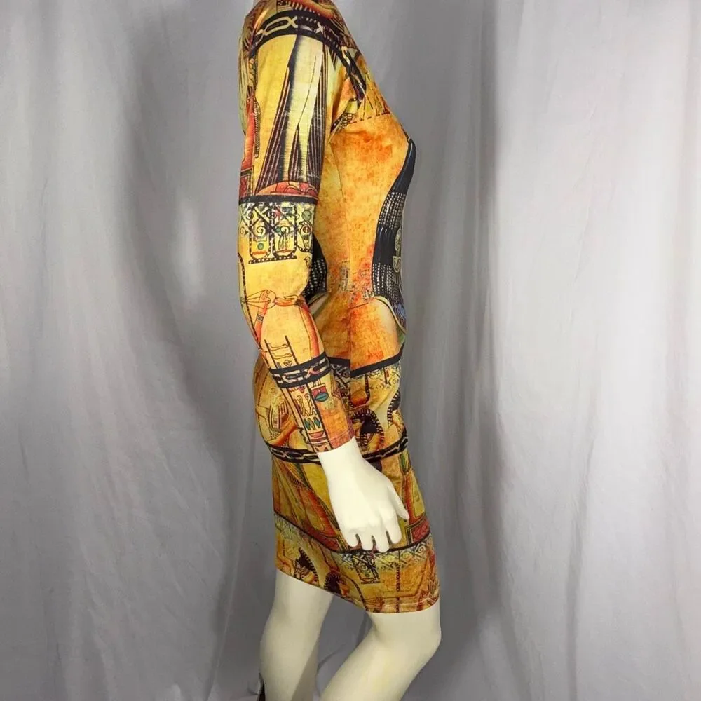 Cleopatra Egyptian Goddess Bodycon Dress | Good Time USA | Vintage Print Long Sl